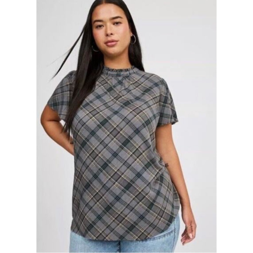 Torrid Rayon Slub Mock Neck Flutter Sleeve Pamela Plaid Dark Shadow Top 1X 14-16